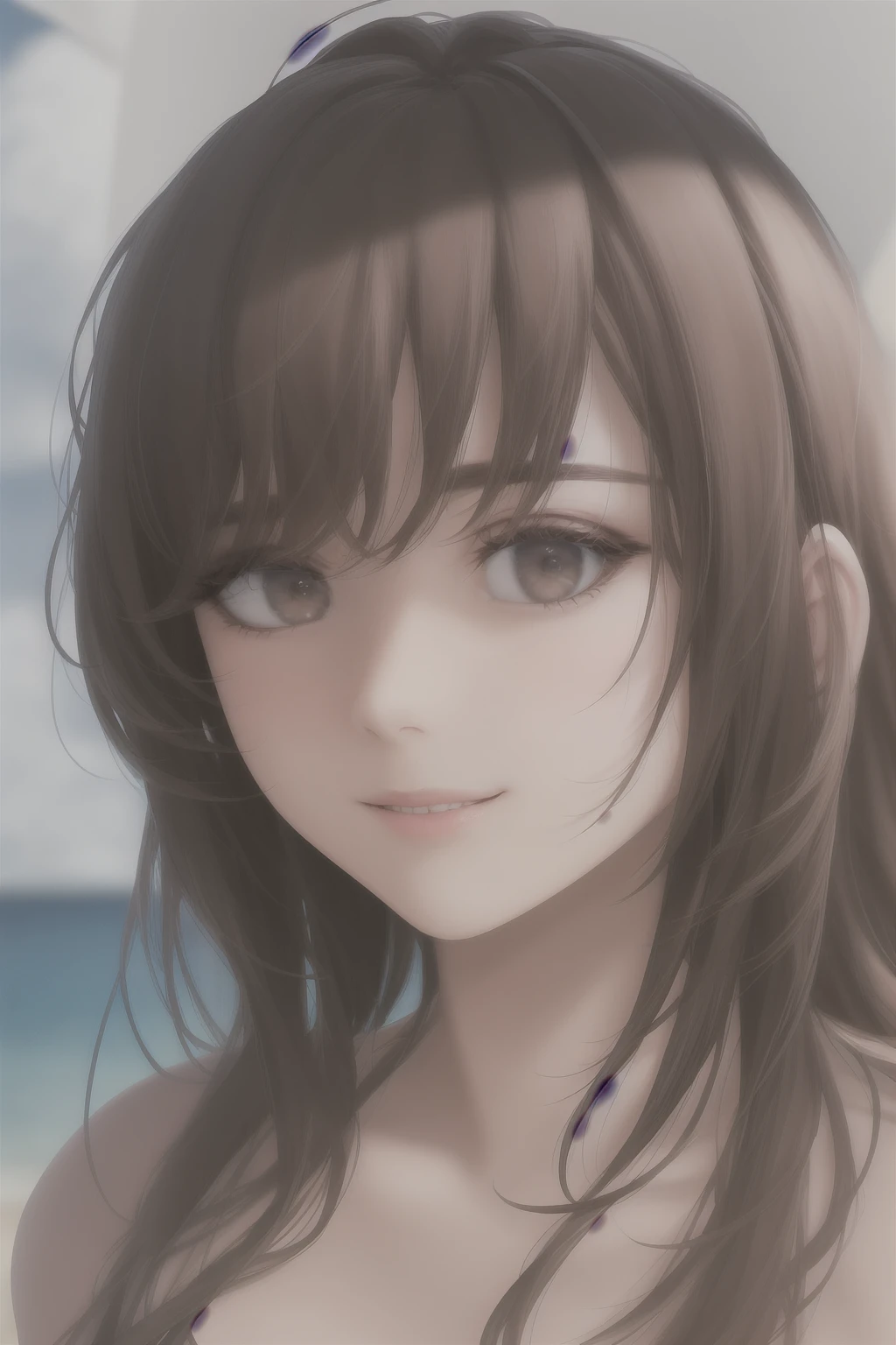 (surreal), (enlightenment), (High resolution), (8K), (very detailed), (The best enlightenmentns), (beautiful delicate pink eyes), (highest quality), (Super detailed), (masterpiece), (wallpaper), (detailed face), length、upper body close-up,length,brown hair,medium breasts,alone、bikini、with a girl、 Japanese,  outside、honey smile, moonlight, beach at night、Wearing a crescent-shaped pendant on the collarbone