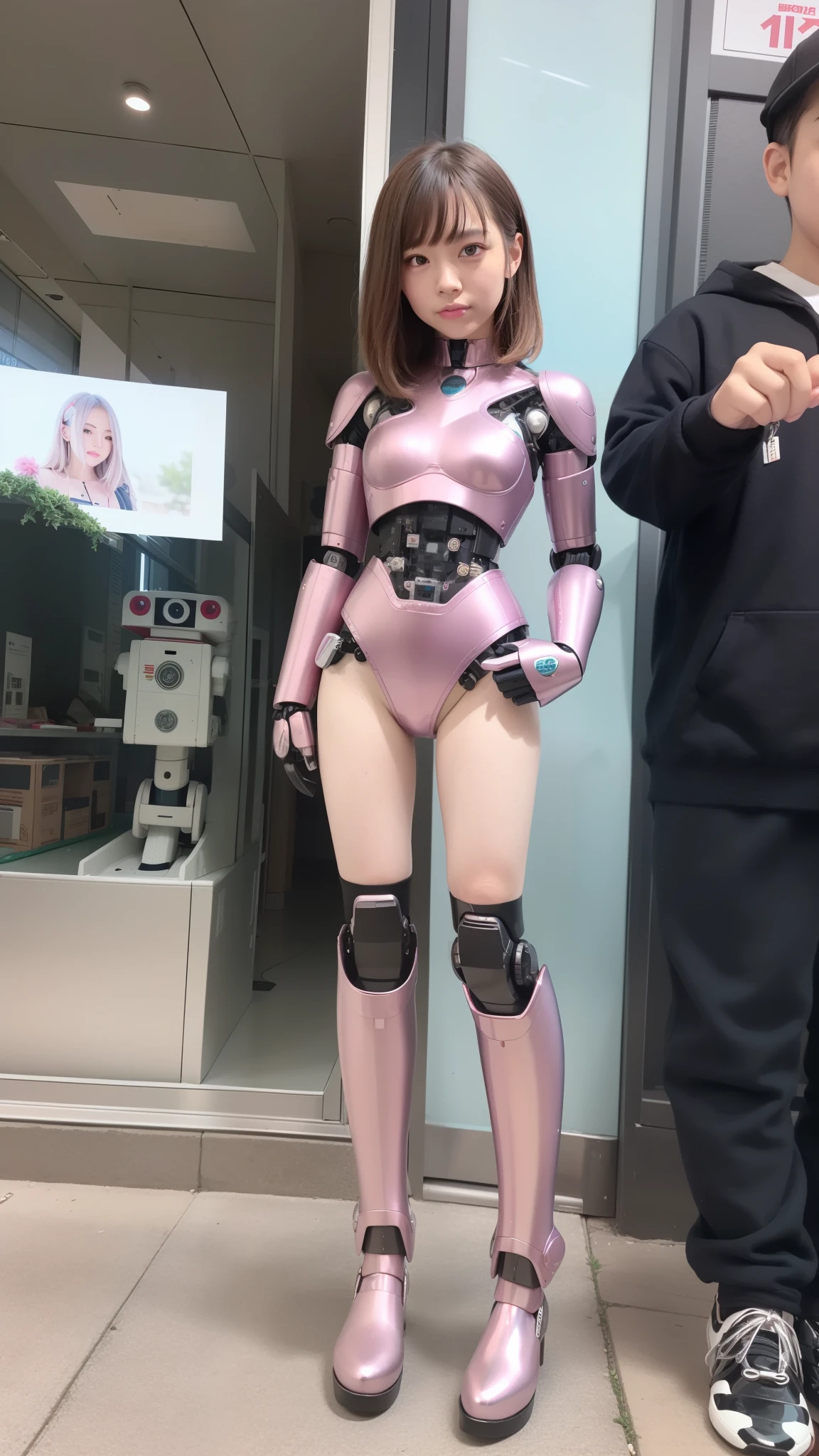 cyborg, pink there, Silver, Metallic body, Robot Parts, Metal Parts, Super Detailed Face, Super well-formed face, of the highest quality, a small face,, Small head whole body, Brown hair, slender body, Camera gaze, Idol, Well-proportioned body, gravure, Photo session, Akihabara, Moe Pose, Standing with legs open, Hands on hips, Model body type, sad, Embarrassing,(Perfect Robot Girl),(Perfect machine body)