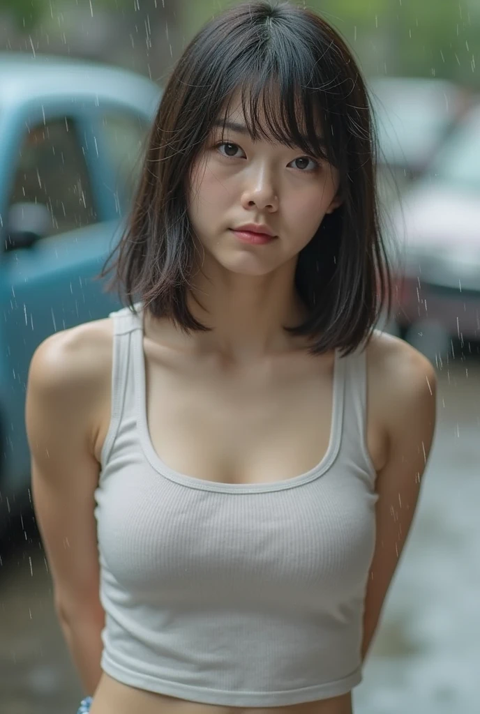 (Best quality, 8k, 32k, Masterpiece, UHD:1.2),Photo of Pretty Japanese woman,black short hair,beauty face,(leaning forward:1.3),squatting,(from above:1.2),(close up:1.4),pov,loose t-shirt,large breasts,(beautiful nipple slip:0.9),outdoors,windy,shiny skin,blurry background,