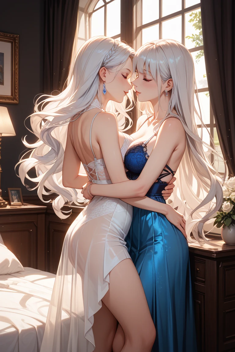 a woman with white hair, green eyes, kneeling on a bed, looking at the camera, biting her lips, curvy body, high quality, 8k, realistic, photorealistic, extremely detailed, detailed facial features, beautiful detailed eyes, beautiful detailed lips, porcelain skin, dramatic lighting, dramatic colors, cinematic composition