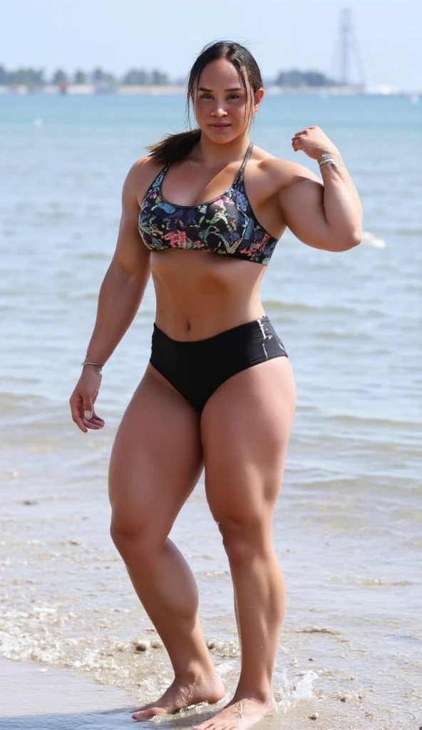 photorealistic, ultra high resolution,1women, solo, wide hips, realistic face, (detailed face), looking at the Viewers, sexy pose , black hair, (closeup), wide angle, semi long hair, (busty), clean armpit , six pack belly, large breasts, full body angle, 19 years old woman , thick muscle thighs , thick muscular arms , standing, wearing swimsuits, wearing airmax shoes, asian goddess, straight hairstyle, muscular belly, thick muscular thighs, thick wide hips, muscular arm, curvy, massive arm, full body, tall body, masterpiece