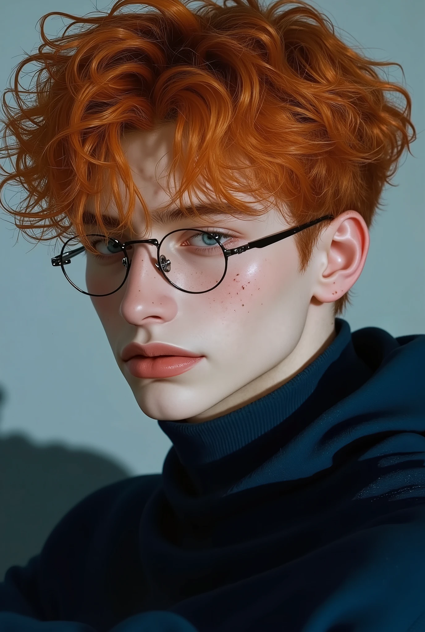 A handsome young man with short orange hair, blue eyes and freckles, wearing black glasses with transparent lenses and a deep azure blue sweater covering his neck, his features are close. messy afro curly hair