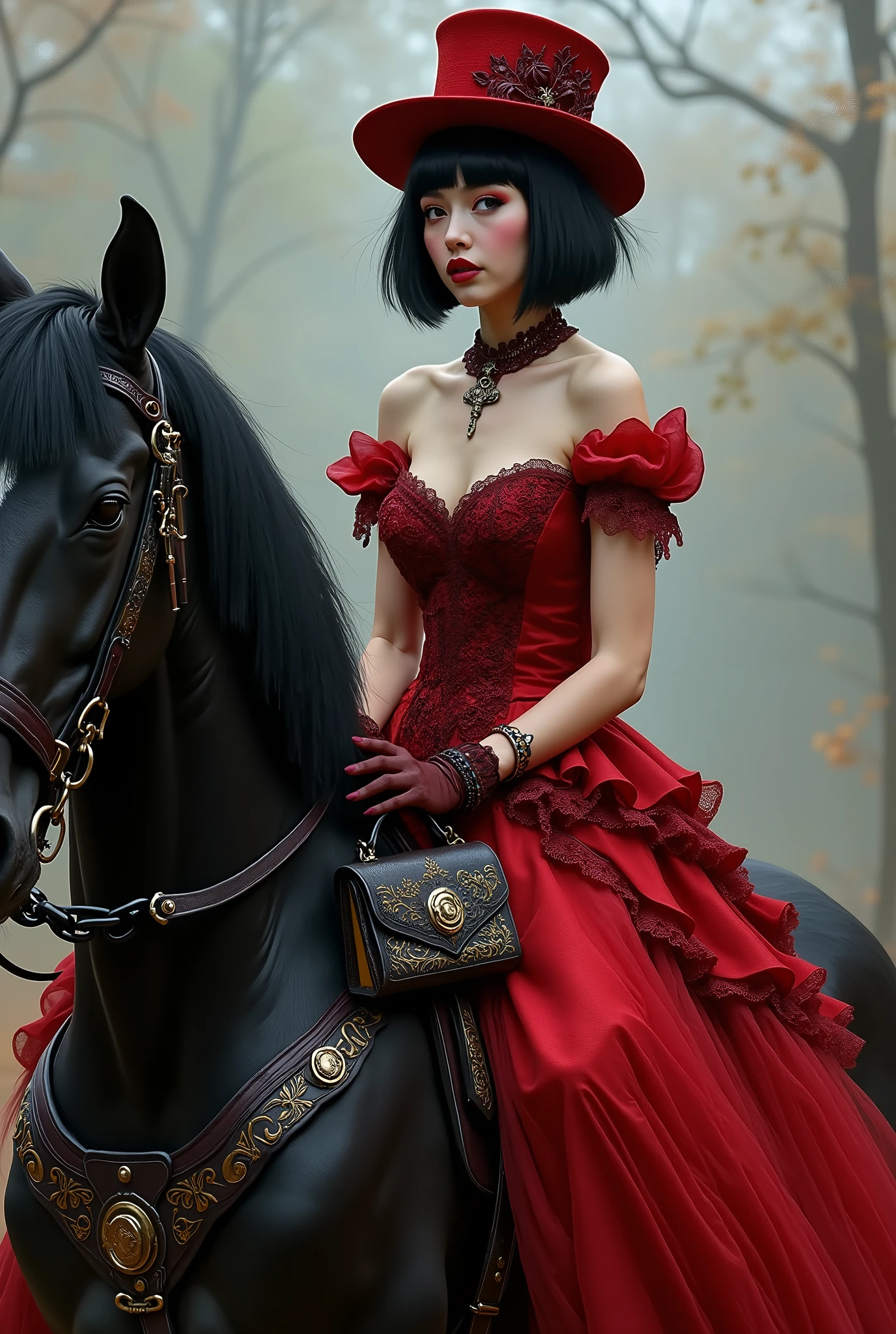 Young emotive woman, black hair cut in a bob, blue black eyes, dressed in a red gothic style dress, pink, holding an ornate leather sachel, wearing an ornate leather and lace stove pipe hat, riding a large sleek black horse with ornate saddle and briddle, flowing tail and mane, hyperdetailed painting style.
