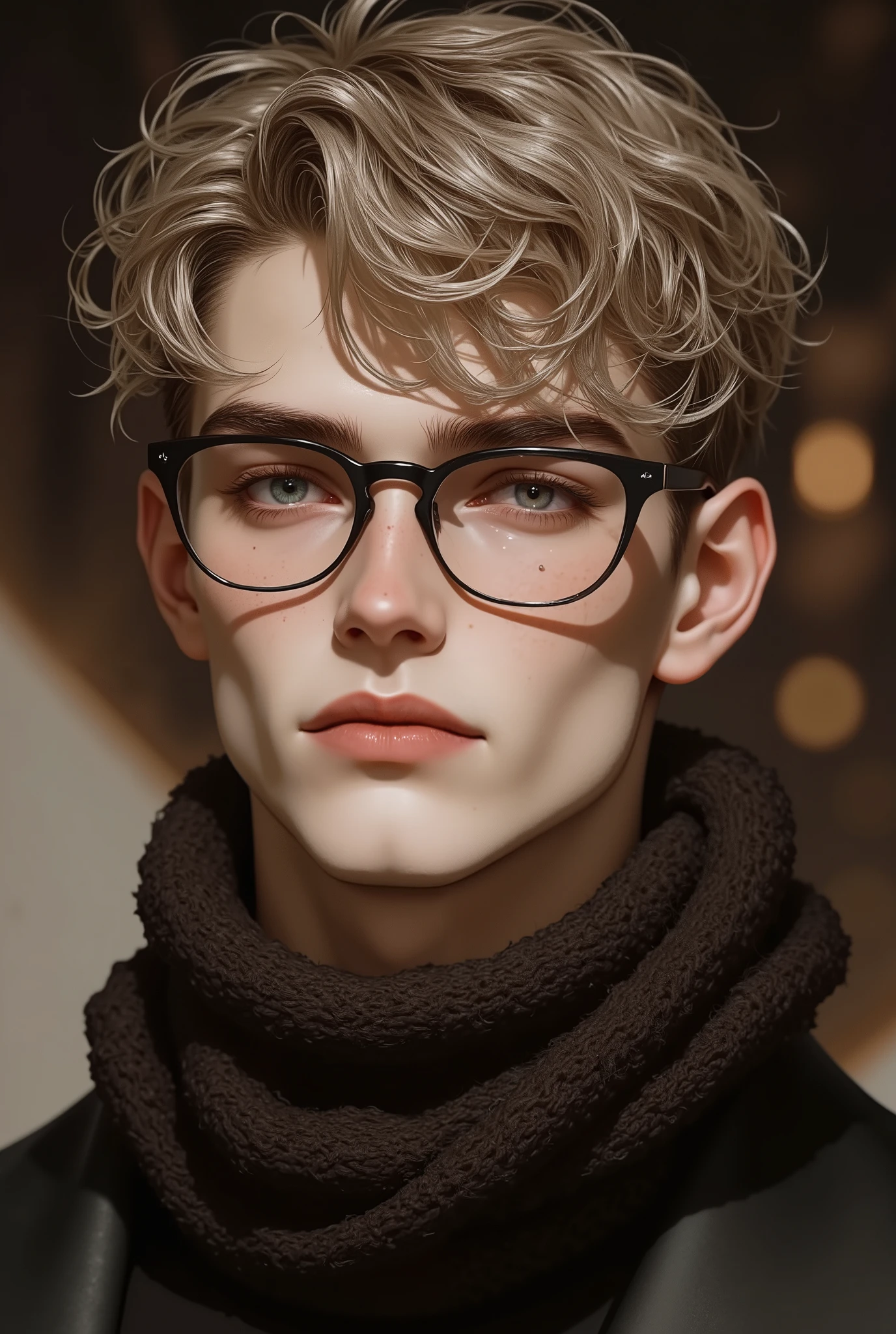 A handsome young man with short Textured Crop, Ash Blonde hair, blue eyes and freckles, wearing black glasses with transparent lenses and a dark brown sweater covering his neck, his features are close. bun hair