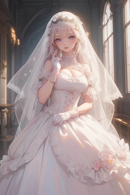 Super delicate cute girl in a Lolita dress with pink hair. 8K Ultra High Definition, Delicate texture, Pure white background.