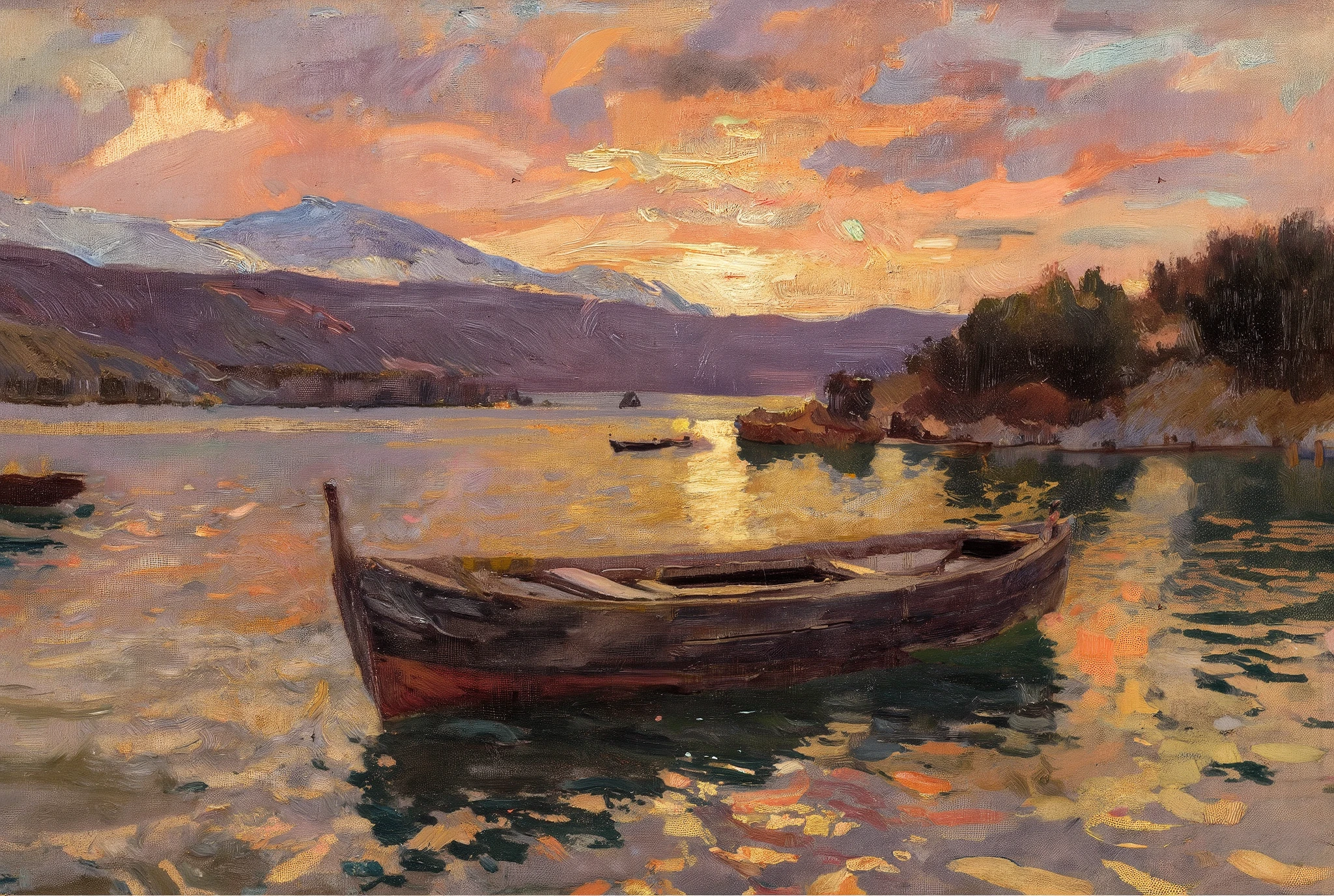 A stunning sunset over a tranquil mountain lake, where warm hues of orange, pink, and gold reflect on the shimmering water. A weathered wooden fishing boat rests peacefully, its reflection merging with the rippling waves. Majestic spring mountains in the background fade into a soft haze, adding depth and serenity. Rendered in an award-winning abstract style, this piece blends impressionistic realism with bold color transitions, evoking peace, nostalgia, and adventure—a perfect statement artwork for any space.