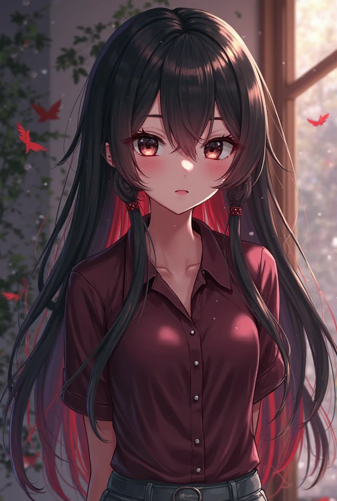 anime panel,upper body, 1girl,solo Korean, black curly hair with red highlights(long hair), red slanted eyes, casual clothes, ear piercing, necklace, hair illuminated by sunlight, park background, sad , blushing