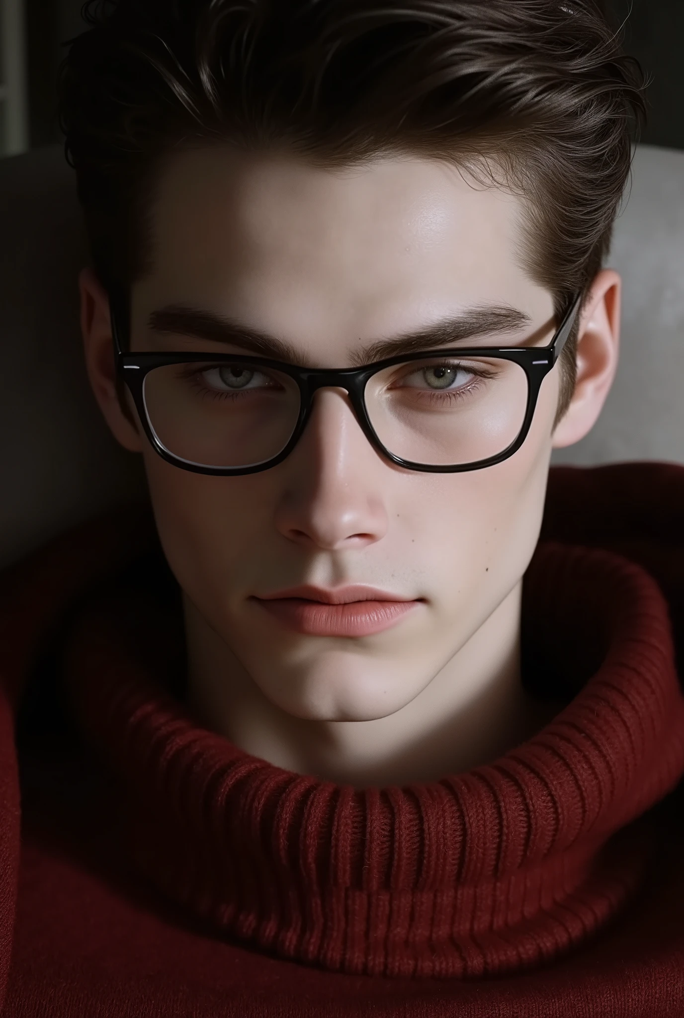 A handsome young man with short brown hair, blue eyes, wearing a red sweater that covers her neck, and also wearing black glasses, but their lenses are transparent. Her features are close.