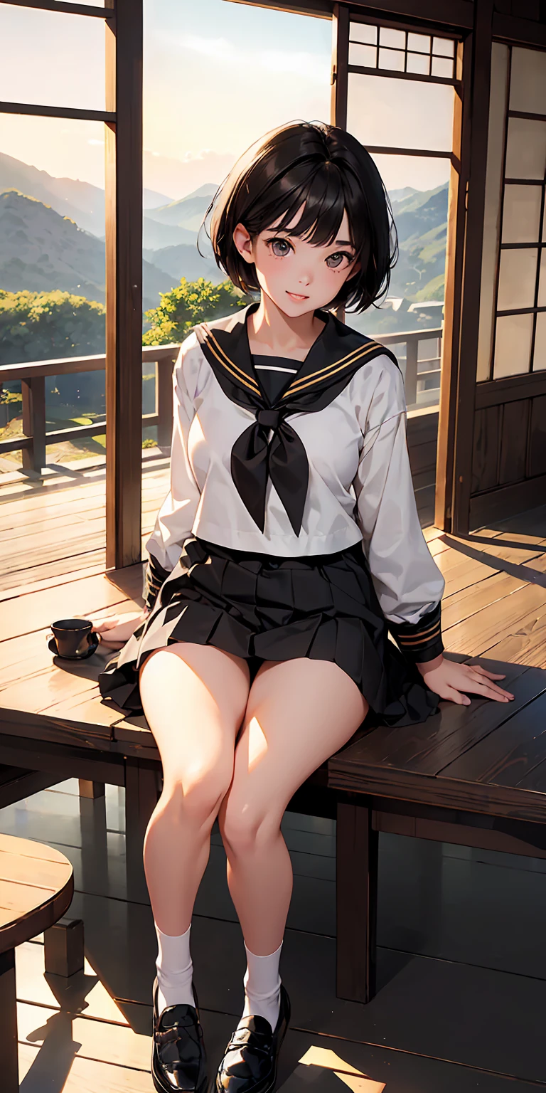 (masterpiece), 4K,beautiful girl,More than one person,Sailor suit,,Small breasts,Small Ass,Black Hair,Bobcut,Light bulb lighting,Realistic, skinny, Big smile,((,Wear bloomers under your skirt)),Sitting,((Pleated skirt)),Angle from below,Tea time with friends