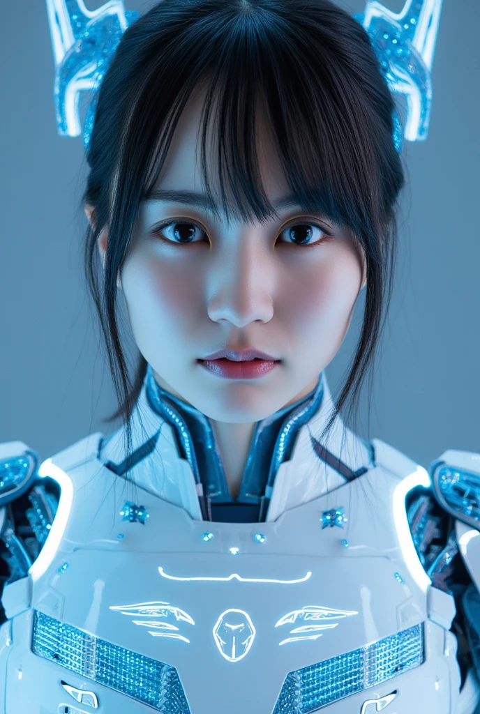 masterpiece, best quality, extremely detailed, Japaese android girl,portrait,Plump,a bit chubby,control panels,android,Droid,Mechanical Hand, Robot arms and legs, Black hair,Blunt bangs,perfect robot girl,long tube,thick cable connected her neck,android,robot,humanoid,cyborg,japanese cyborg girl ,robot-assembly plant,She is assembling now,assembly scene,blue eyes,chest monitor