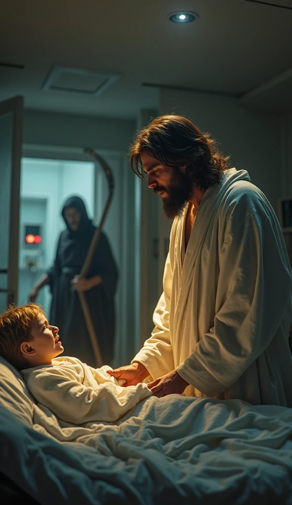 In a close-up view, Jesus and a young child are facing forward. The child’s face is marked with large, painful-looking bumps resembling boils, and the child appears sad, with downcast eyes. Jesus, dressed in His white robes, looks at the child with deep concern and sorrow. His expression is filled with empathy as He gently places His hand on the child's shoulder. Behind them, the word 'ALERT' is written in bold, red gradient text with a dark glowing effect, creating a sense of urgency. The scene is depicted in hyper-realistic, ultra HD quality, capturing the intense emotions on their faces and the stark contrast of the glowing red text in the background."