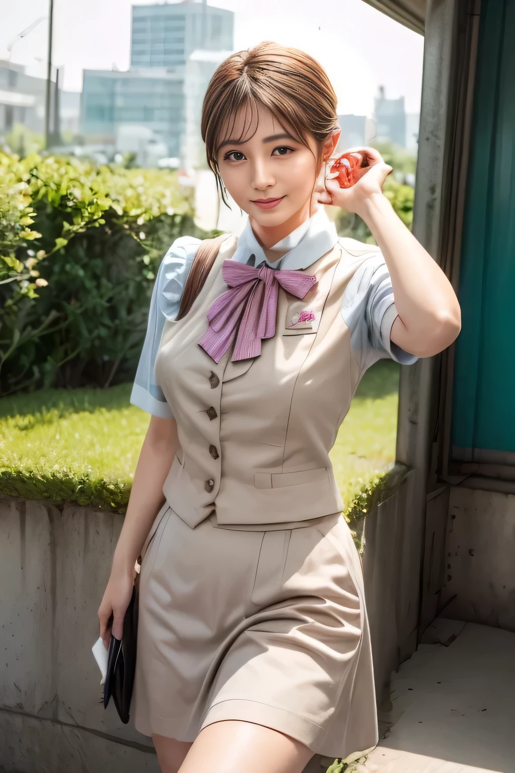 (masterpiece:1.2, Best Quality:1.2), 32kHDR, High Resolution, (alone、1 girl)、(Rooftop of a building during the day、professional lighting)、Building rooftop background、(JR WOMAN TRAIN CREW UNIFORM BEIGE REAL STYLE)、((JR Woman Train Crew Uniform Beige Light Blue Blouse Short Sleeve 、 above knee culotte skirt、 beige vest、scarf))、dark brown hair、(long hair、 with hair tied up、 with hair tied up)、dark brown hair、Long Hit、Big Breasts、 Read more、(( amazing hands:2.0)),((A harmonious body shape:1.5)),((Normal limbs:2.0)),((Usually refers to:2.0)),(( Delicate Eyes:2.0)),((Normal eyes:2.0)))、smile、(JR Woman Train crew uniform beigeのabove knee culotte skirtを見せた美しい立ち姿)、Hands clasped underneath