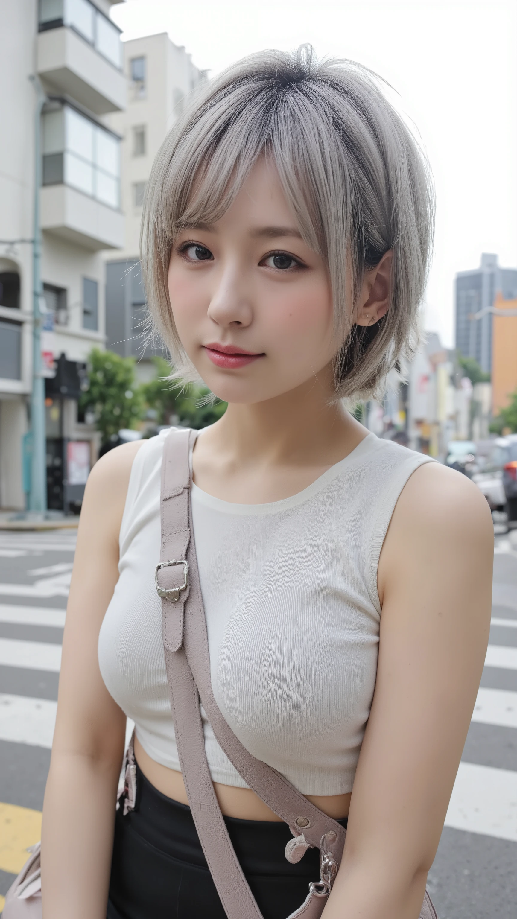 Woman standing at a scramble crossing in Tokyo、with buildings in the background、Wearing a tight miniskirt and black tights, she is wearing a short, tight white t-shirt、The strap of the bag passes between your chest、Toned abs visible、( silver hair short hair)、(big breasts)、Full Body Tattoos、The view of looking up at the sky from above、Highest quality photorealistic image of a woman seen from the front