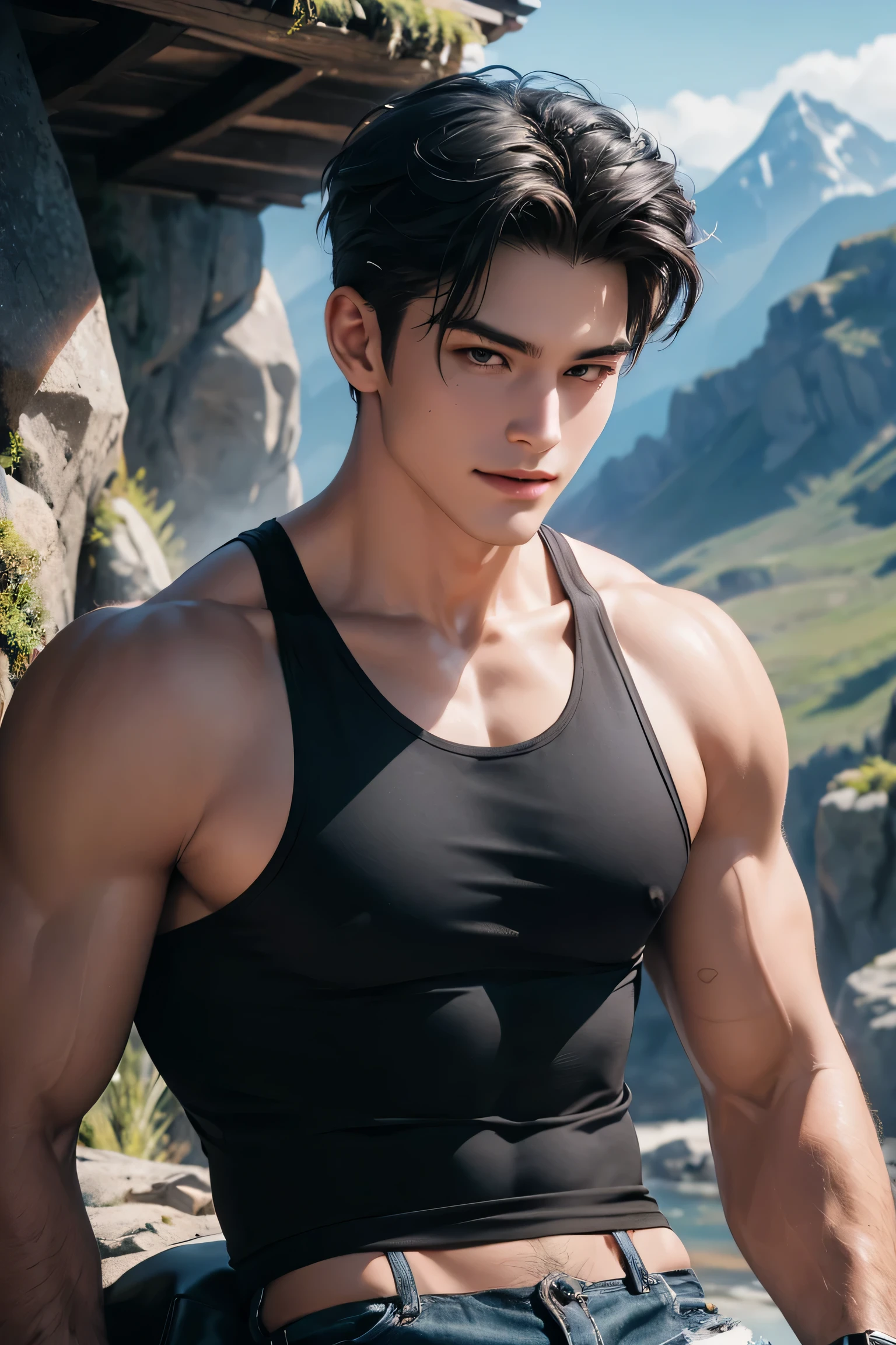 Anime boy with abs in the forest with pubes