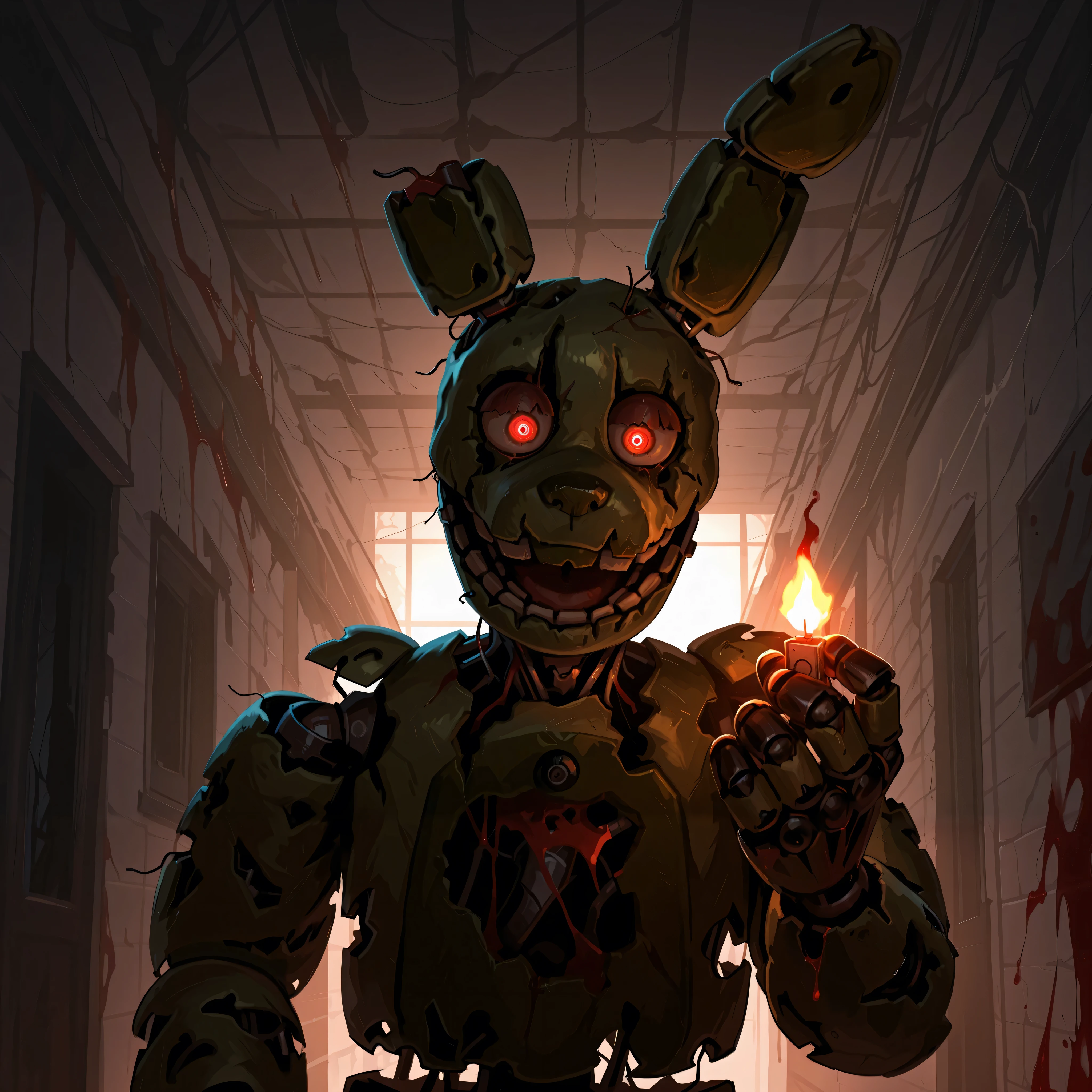 score_9, score_8_up, score_7_up, solo, masterpiece, best quality, amazing quality, absurdres, newest, high res, ultra detailed, best quality, best artwork, detailed eyes, (eyes focus), perfect eyes, 4k, ultra quality, perfect face, realistic:0.5, ultra realism, at night, dark inside, dark indoors, pitch black hallway, detailed scenery, abandoned dark hallway, springtrap, animatronic, robot, open mouth, sinister feeling, dark an eerie, holding up lit lighter, spilled gasoline, blood