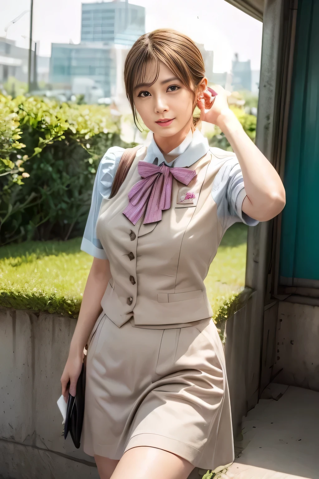 (masterpiece:1.2, Best Quality:1.2), 32kHDR, High Resolution, (alone、1 girl)、(Rooftop of a building during the day、professional lighting)、Building rooftop background、(JR WOMAN TRAIN CREW UNIFORM BEIGE REAL STYLE)、((JR Woman Train Crew Uniform Beige Light Blue Blouse Short Sleeve 、 above knee culotte skirt、 beige vest、scarf))、dark brown hair、(long hair、 with hair tied up、 with hair tied up)、dark brown hair、Long Hit、Big Breasts、 Read more、(( amazing hands:2.0)),((A harmonious body shape:1.5)),((Normal limbs:2.0)),((Usually refers to:2.0)),(( Delicate Eyes:2.0)),((Normal eyes:2.0)))、smile、(JR Woman Train crew uniform beigeのabove knee culotte skirtを見せた美しい立ち姿)、Hands clasped underneath