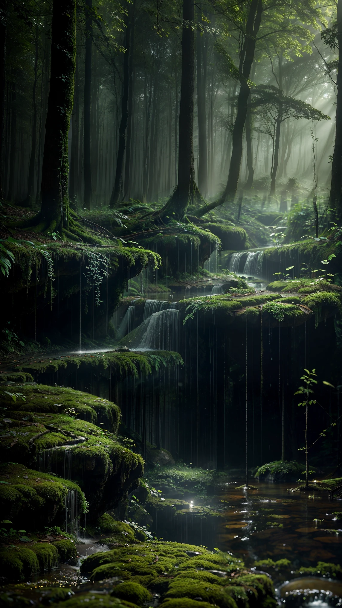 The morning recedes in a small forest hidden from the outside world. The thin mist still hovers between the trees, spins slowly around the trunks of sturdy old trees. Morning dance is faintly audible—the earthy birdsong, gentle friction of the foliage, and gurgles the dripping water from the rain echoes into the damp ground. The moss stones reflect the golden light of the moonlight that begins to penetrate the canopy gap, creates a moving shadow on the ground decorated with protruding roots. In the distance , the mountain looks like a mute silhouette, standing firm in the arms of a slowly dancing morning mist. Everything feels magical, as if this forest holds a secret which is only open to those patient enough to hear nature's whispers.