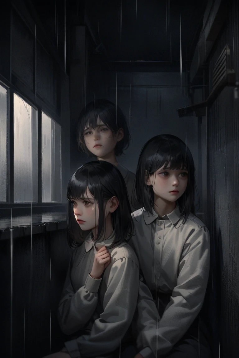((Highest quality)), ((masterpiece)), (detailed), ３People Girls, sexy　One child hides behind another  and looks on with tearful eyes.。The girl hiding there looks worried.。The other one is staring at me.　３People are lining up