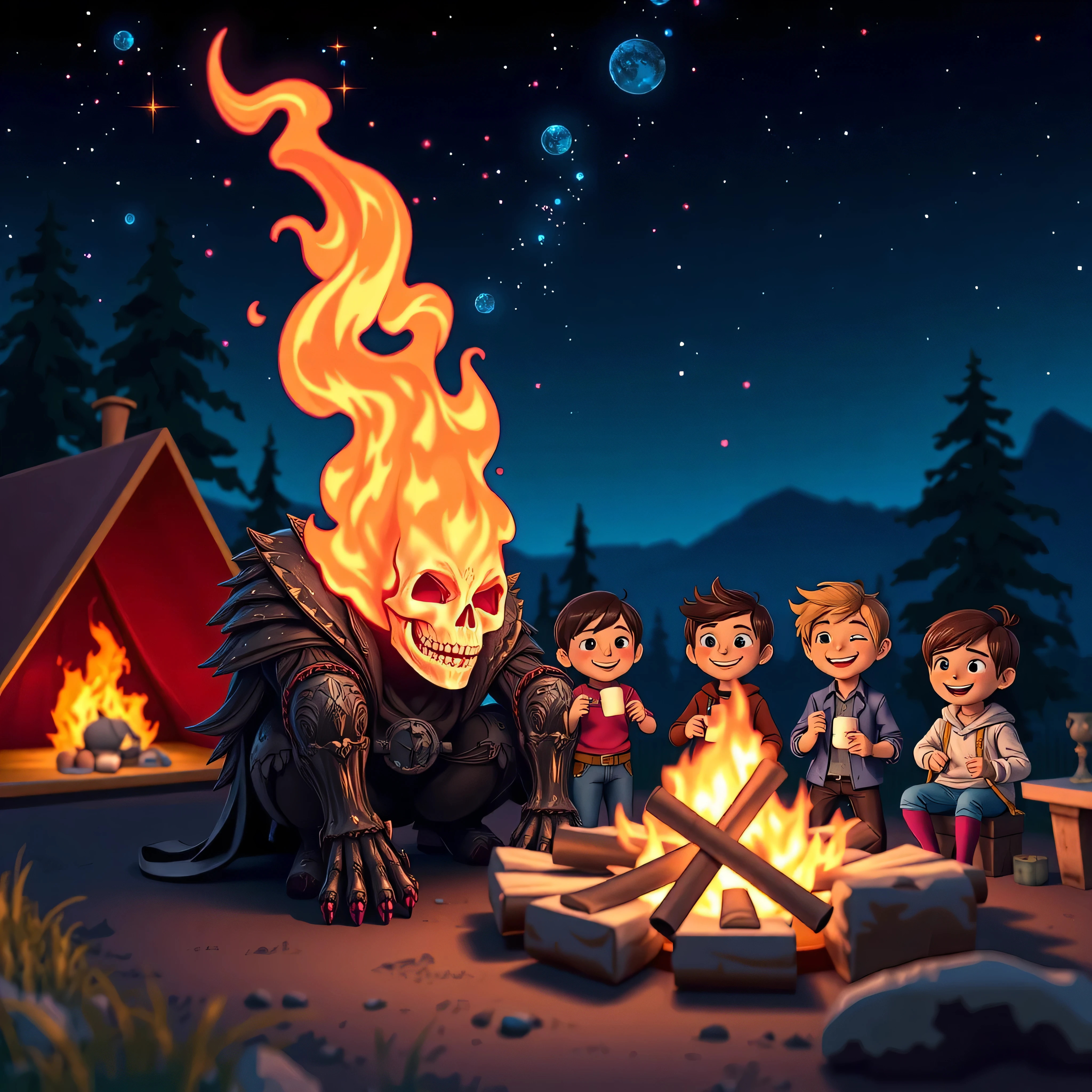 A mesmerizing Pixar-style 3D render of Ghost Rider, a mythical creature with a flaming skull, squatting on the ground at a campsite. Surrounding the creature, a group of joyful ren are toasting marshmallows over the flames emanating from Ghost Rider's head. The sky is filled with a star-studded night, adding to the enchanting atmosphere. The overall feel of the illustration is vibrant, magical, and family-friendly., 3d render, illustration
