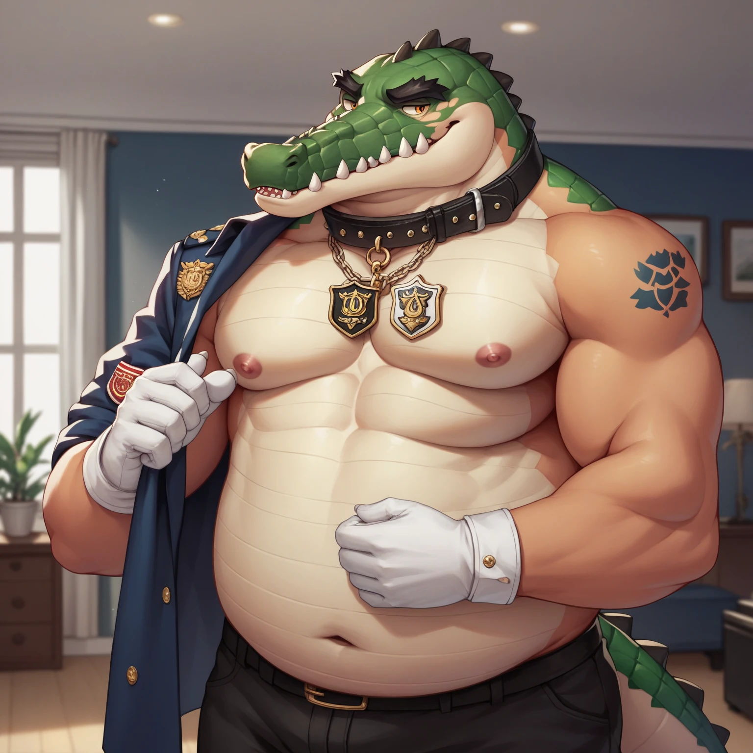 Highest quality、Sexy Baby Lizardman、Skimpy、Pink eyes without highlights、Lizard head、male、Sweat、Embarrassing、Gay、Nightclub、cute、Obscene language、tongue、bow tie、military cap、Get a tip、Belly button military uniform、navy、{{Completely naked}}、Transparent fabric、White mucus drips down from above、Blushing、Deep Throat、salute、Facesitting