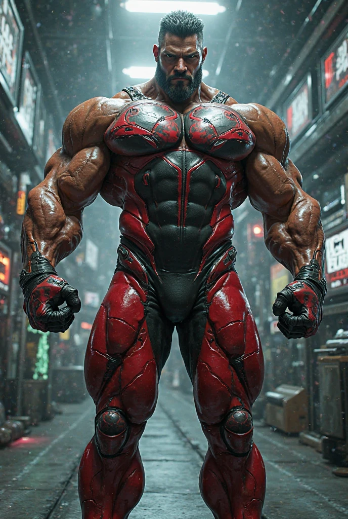 megan fox as a vampiric muscular red carnage, (mouth wide open with tongue out:1.25), (red carnage anatomic muscular bio-mecha muscle suit:1.25), (body totally covered in muscles, veins, tendons), (perfect muscular anatomy), (wide upper body:1.25), (thin legs:1.25), (beautiful face:1.25)