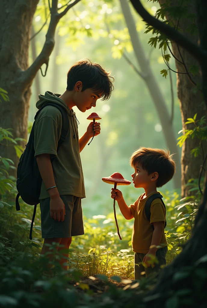 Boy in the forest with a shiny stone and a little magical fairy and a little brown dog 