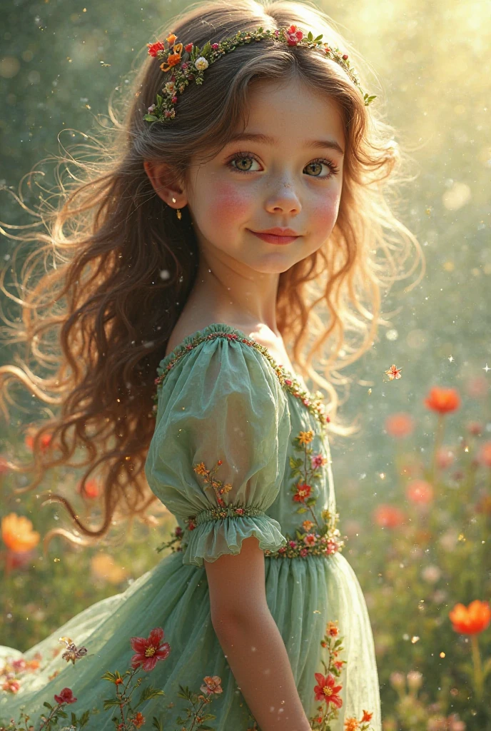 10 year old girl with brown eyes and brown hair wearing green skirt