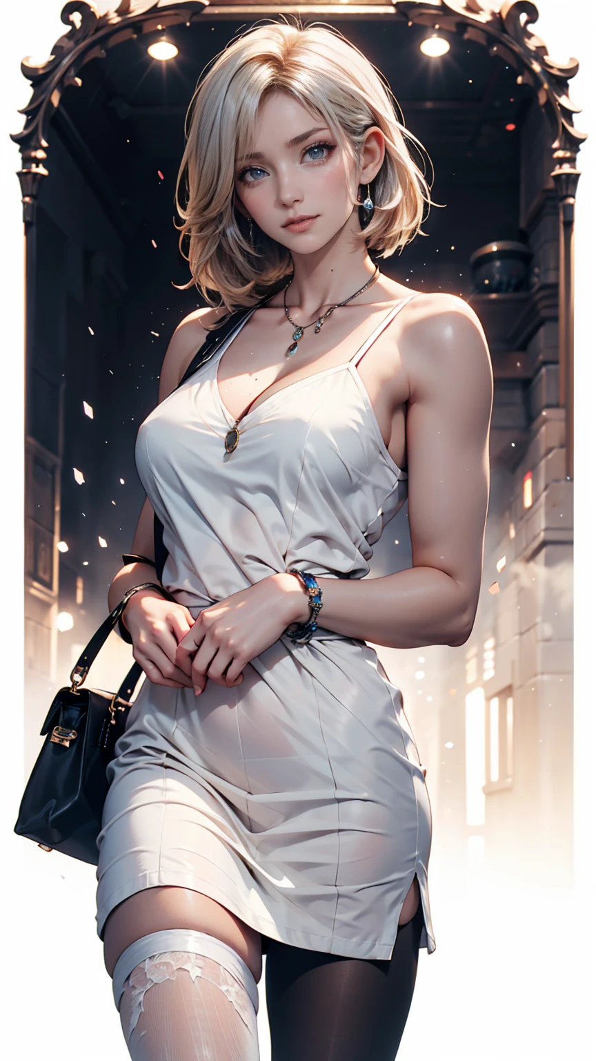 8K, RAW Photos, highest quality, masterpiece:1.2), (Realistic, photo-Realistic:1.37)、Earrings, eyelash, pantyhose、Sexy and provocative smile、 (Shiny skin:1.05)、Venus Body、Thin waist、Having her hair done、My chest is popping out、Wear accessories on your wrist、Wearing accessories on the ankle、Background blur((depth of field)、23 year old white female、Halter Strap Neck((halter strap neck))Wear a dress、Wear mules、have a clutch bag、
