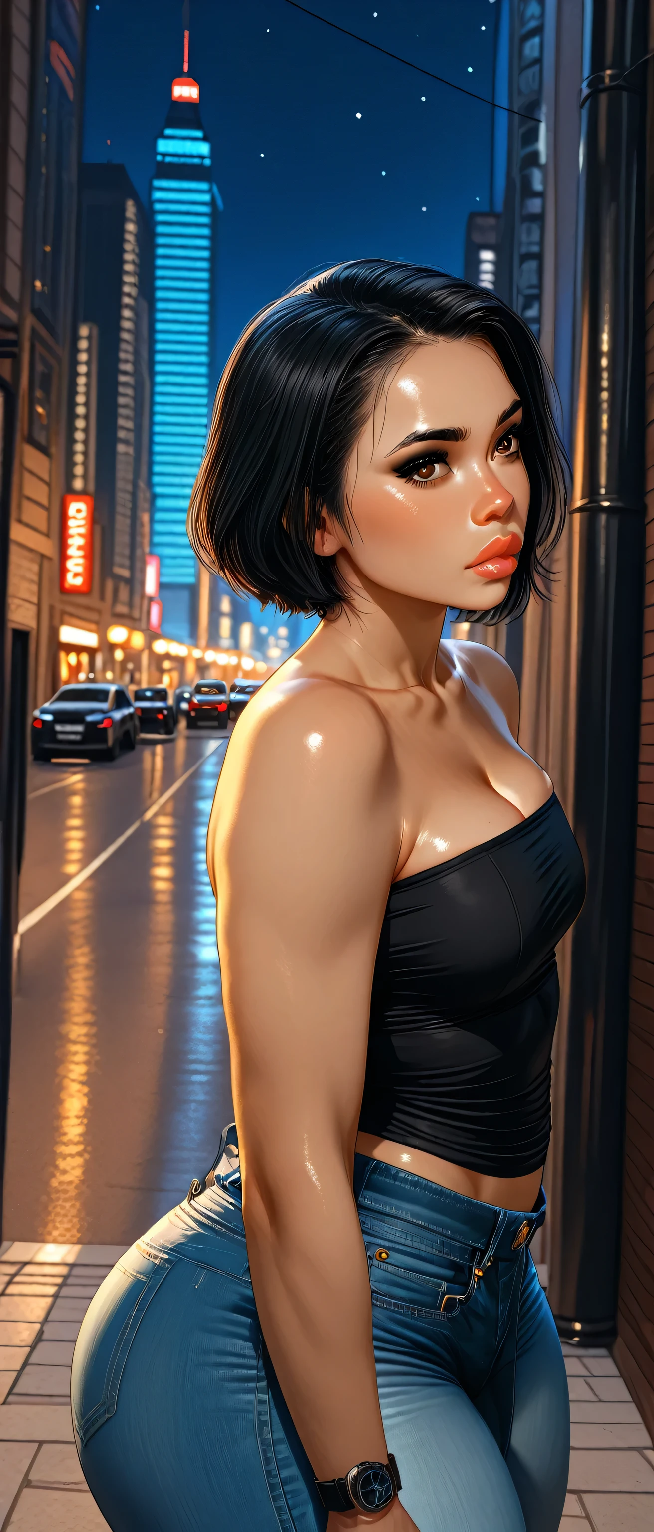 perfect body, black hair, short hair, black thin eyebrows, brown eyes, black eyeliners, nose, thick lips, collarbone, cleavage, medium breasts, black tube top, blue denim jeans, short jeans, (thick thighs:1.3), (standing), ((night sky, new york city, street))