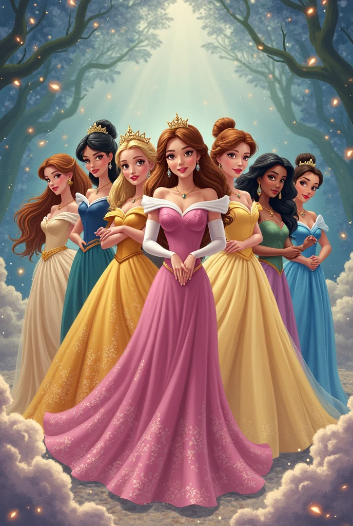 Sleeping Beauty in a pink dress, Ariel in a tifanny dress and Belle in a yellow dress. the 3 friends taking a selfie together