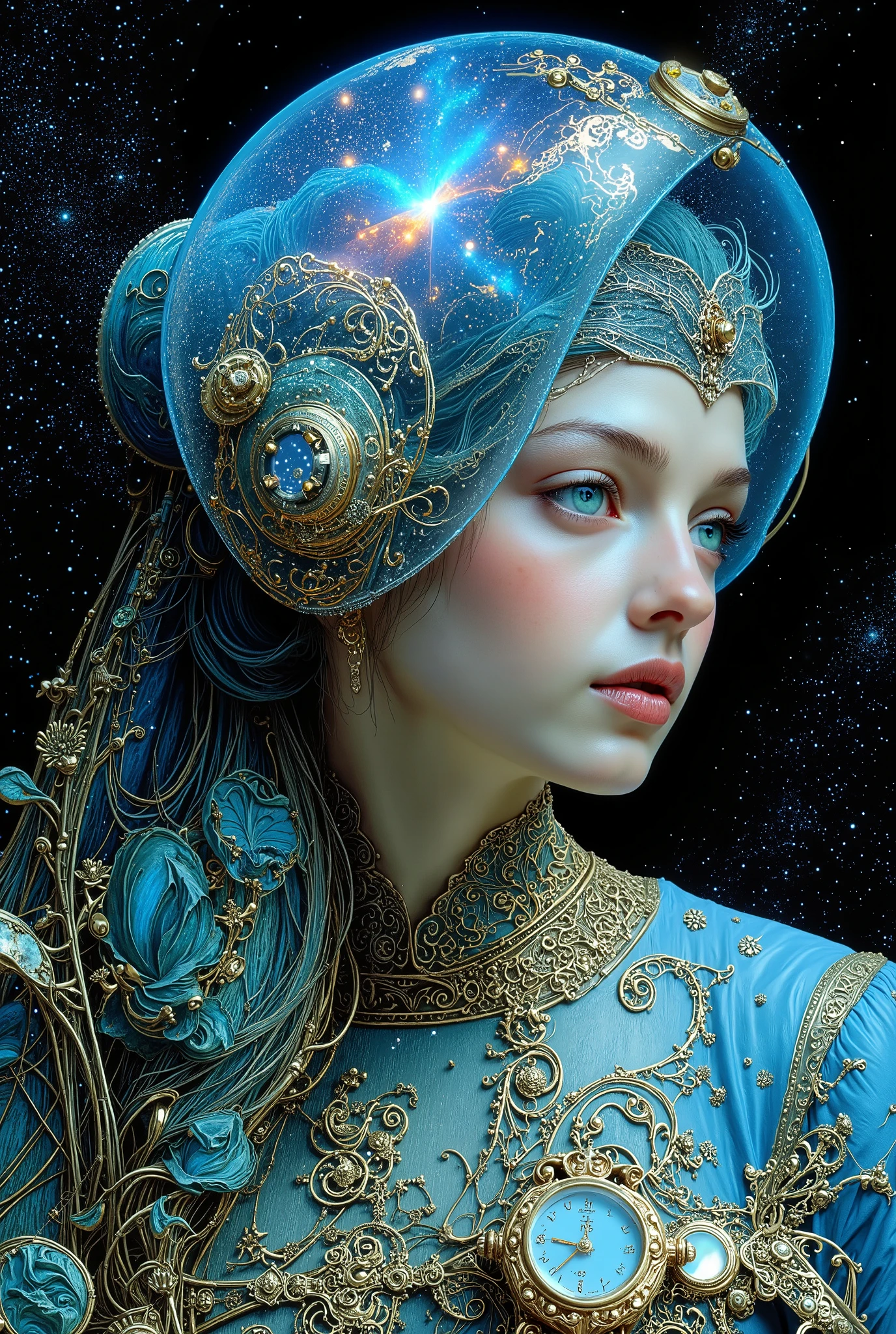 woman with a transparent blue helmet inside which we see a galaxy and a blue dress with a watch, inspired by gaston bussiere, inspired by Vincent Lefevre with hyperrealistic Art Nouveau technologies, style de mouche 4K, A masterpiece of the new painting, Alphonse Mucha Magali Villeneuve, Michael Cheval ( unreal engine , Baroque painting. starry sky, gaston brussiere, Benjamin Lacombe, the decor in a galactic environment with a robot and mechanisms, with also plants, All to be framed, ajouté d'autres couleurs comme le vert et le mauve, et le tout dans un encadrement de couleur or et le visage change d'angles