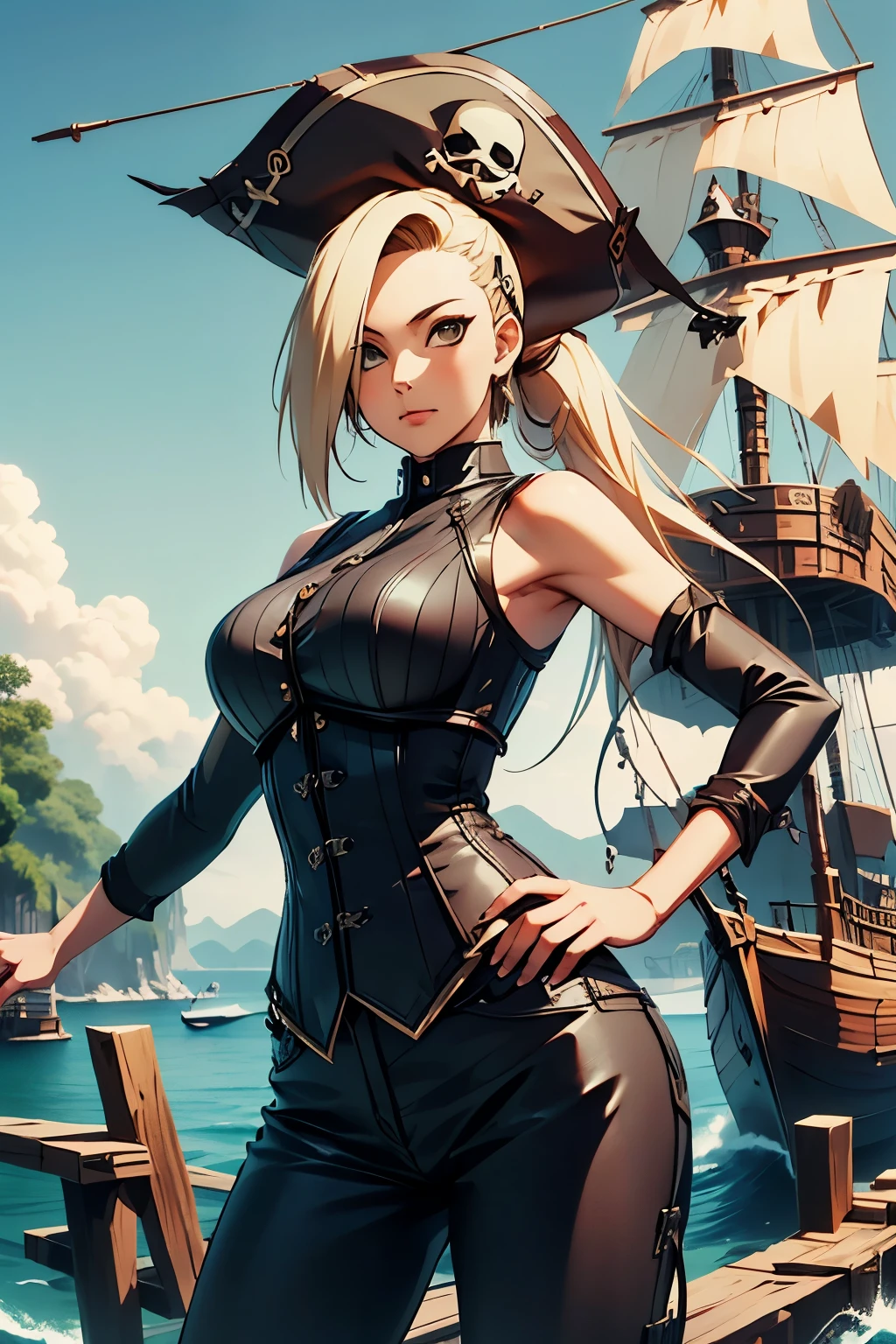 Ino Yamanaka, as a female pirate, wearing sleeveless female pirate black outfit with corset, standint in the middle of pirate ship during the day, blonde long hair high ponytail, one bang cover her eye