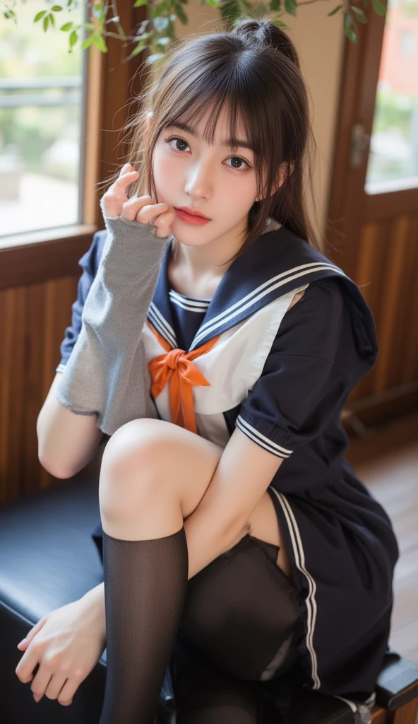 (((Sexy costumes that accentuate your sexy body:1.65)))、(((Sexy knee-highs:1.65)))、((((Spread your legs wide、Touching the thigh、Showing off your crotch、Thin pubic hair sticking out、large pointy breasts))))、Sailor suit, One Woman, (Beautiful woman, delicate :1.3), Black Hair, Short Bob, bangs, (8k), (Highest quality: 1.2), (Realistic), (Realistic: 1.37), (masterpiece), (Ultra-high resolution), (RAW Photos), (Absolute Resolution), (((体に比べてSmall face: 1.4))), (((Small face:1.4))), Balanced facial features, (Small Mouth: 1.4), ((Slim female body: 1.4)), (((long sleeve Sailor suit))), Realistic high school girl, (White headband:1.4), Small breasts, Slanted Eyes, Bright Blue Eyes, (Cafe on the open terrace), smile, Blurred, ((Full Body Shot)), Black Stockings, Black garter belt, Sailor suitの襟に3本の白い線,