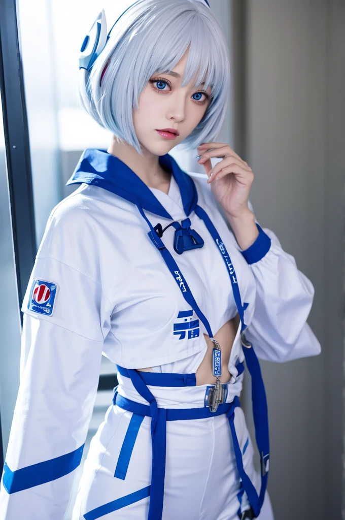 (((One girl,alone))),(RAW Photos),Evangelion、Rei Ayanami,Best image quality、Perfect body、Take a photo book、Squint your eyes、Cool Beauty