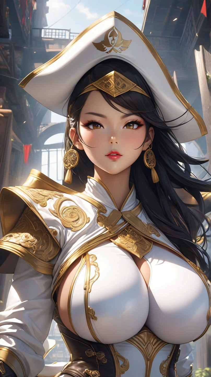 a close up of a strong amazon woman in her 30's, with orange eyes and blonde hair, wearing a black and orange ball gown dress, a heroine with orange eyes, martial artist holding polearm, standing in a chinese temple, new costume concept design, in the style of blade and soul, full body character concept, detailed character design, inspired by Yang Jin, inspired by Li Mei-Shu, chinese costume, inspired by Lan Ying, inspired by Sim Sa-Jeong, inspired by Li Tang, lunar themed attire, costume with blue accents, inspired by Ju Lian, colored concept art, highly detailed character design, highly detailed face, inspired by Ai Xuan, very highly detailed face, unreal engine render, final fantasy 14 style, inspired by Leng Mei