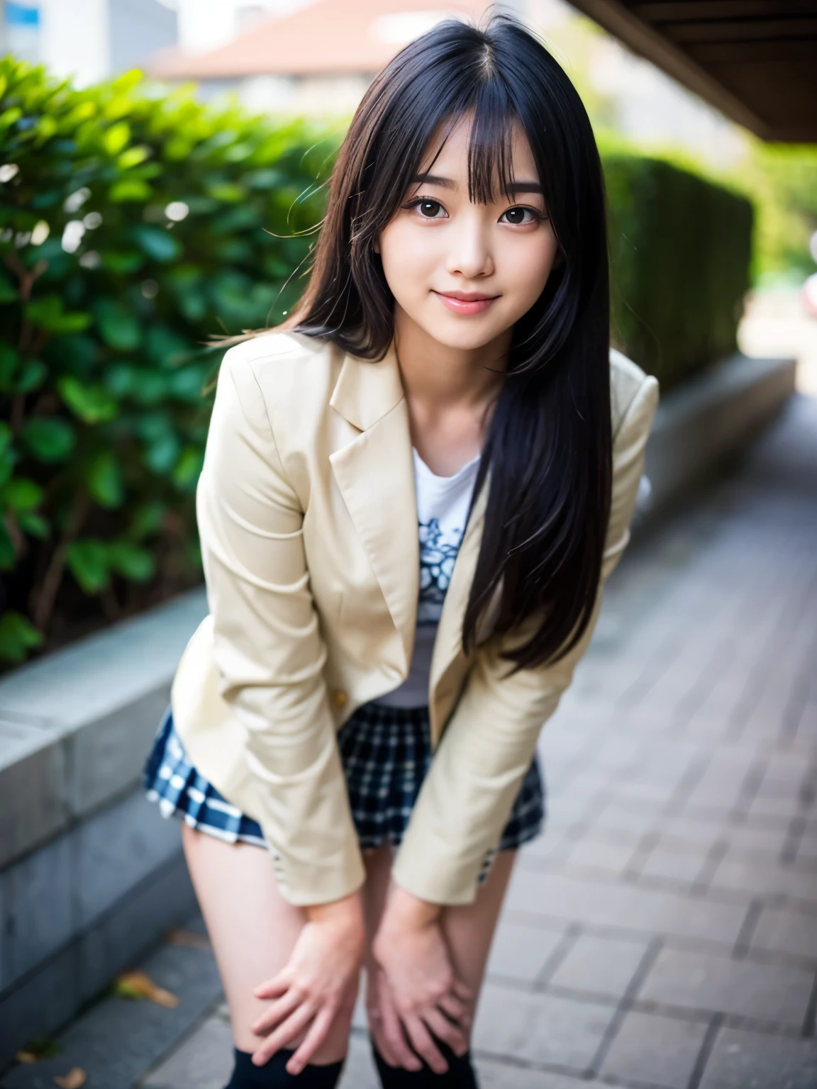 Reality、photo shoot、
Yasuko Tomita、18-year-old、
Hairstyle up、cute、
uniform、squat、
smile、