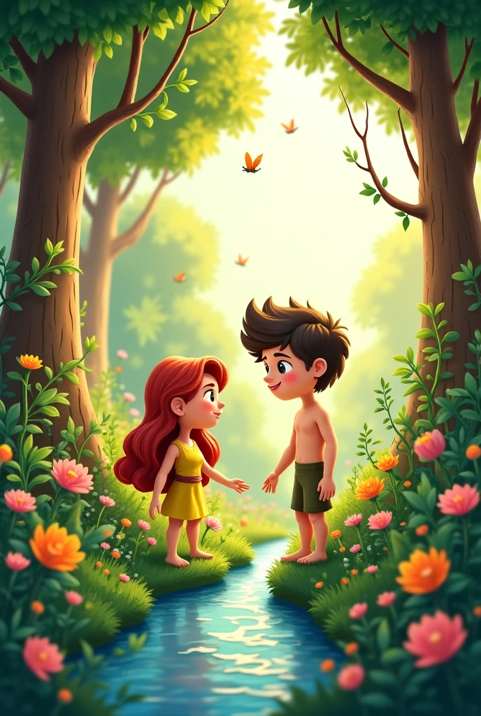 create an image that represents adam and eve in paradise in disney pixar format