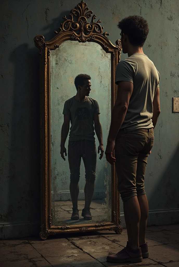 A skinny and sad man, looking at the reflection of a fat person in the mirror 