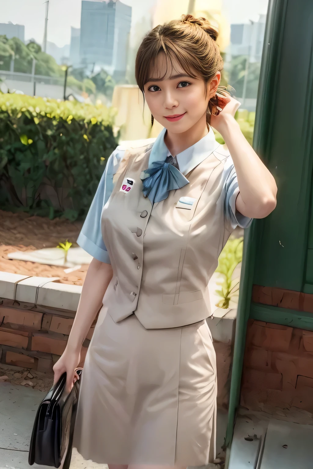 (masterpiece:1.2, Best Quality:1.2), 32kHDR, High Resolution, (alone、1 girl)、(Rooftop of a building during the day、professional lighting)、Building rooftop background、(JR WOMAN TRAIN CREW UNIFORM BEIGE REAL STYLE)、((JR Woman Train Crew Uniform Beige Light Blue Blouse Short Sleeve 、 Knee-length culottes skirt、 beige vest、scarf))、dark brown hair、(long hair、 with hair tied up、 with hair tied up)、dark brown hair、Long Hit、Big Breasts、 Read more、(( amazing hands:2.0)),((A harmonious body shape:1.5)),((Normal limbs:2.0)),((Usually refers to:2.0)),(( Delicate Eyes:2.0)),((Normal eyes:2.0)))、smile、(JR Woman Train crew uniform beigeのKnee-length culottes skirtを見せた美しい立ち姿)、Hands clasped underneath