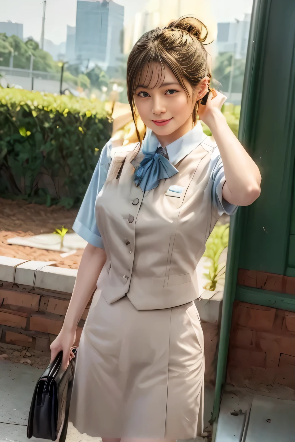 (masterpiece:1.2, Best Quality:1.2), 32kHDR, High Resolution, (alone、1 girl)、(Rooftop of a building during the day、professional lighting)、Building rooftop background、(JR WOMAN TRAIN CREW UNIFORM BEIGE REAL STYLE)、((JR Woman Train Crew Uniform Beige Light Blue Blouse Short Sleeve 、 Knee-length culottes skirt、 beige vest、scarf))、dark brown hair、(long hair、 with hair tied up、 with hair tied up)、dark brown hair、Long Hit、Big Breasts、 Read more、(( amazing hands:2.0)),((A harmonious body shape:1.5)),((Normal limbs:2.0)),((Usually refers to:2.0)),(( Delicate Eyes:2.0)),((Normal eyes:2.0)))、smile、(JR Woman Train crew uniform beigeのKnee-length culottes skirtを見せた美しい立ち姿)、Hands clasped underneath