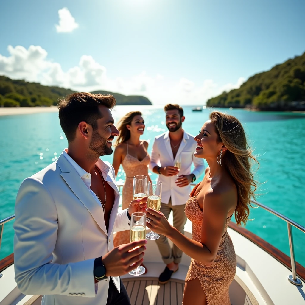 RAW photo, a portrait photo of 40 y.o billionaire white man and super attractive wife together celebrating life, casual style, standing in a bikini a 200 feet sailboat wondering about life, natural skin, 8k uhd, high quality, film grain, Fujifilm XT3, full body and head straight in the photo, facing the viewer of the photo, eyes fixed to the lens, appears shoulders and head in the photo, man and woman centered in the photo, 8k, best quality, masterpiece, realistic, realistic photo, movie photo, ultra realistic, 2 person, detailed, perfect lighting, DSRL, professional photo, 4k, background full view of the clear waters of the Caribbean summer with his attractive wife relaxing with a cocktail, 16:9 aspect ratio