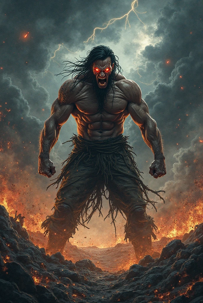 Depicts a human figure trapped in hell surrounded by fire and scary shadows that tear his body apart..