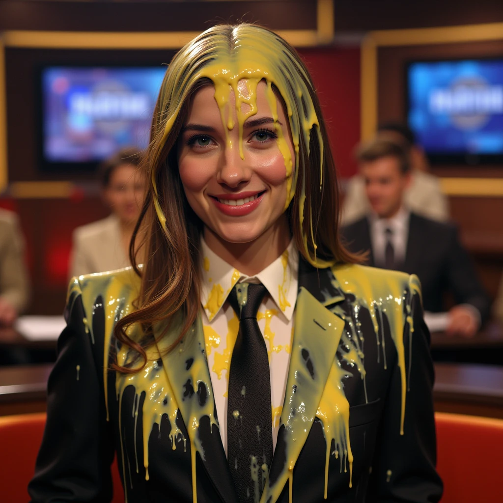 smart blue necktie covered in pink slime, dripping, covered in slime, gunge, goo, oozing over blue necktie