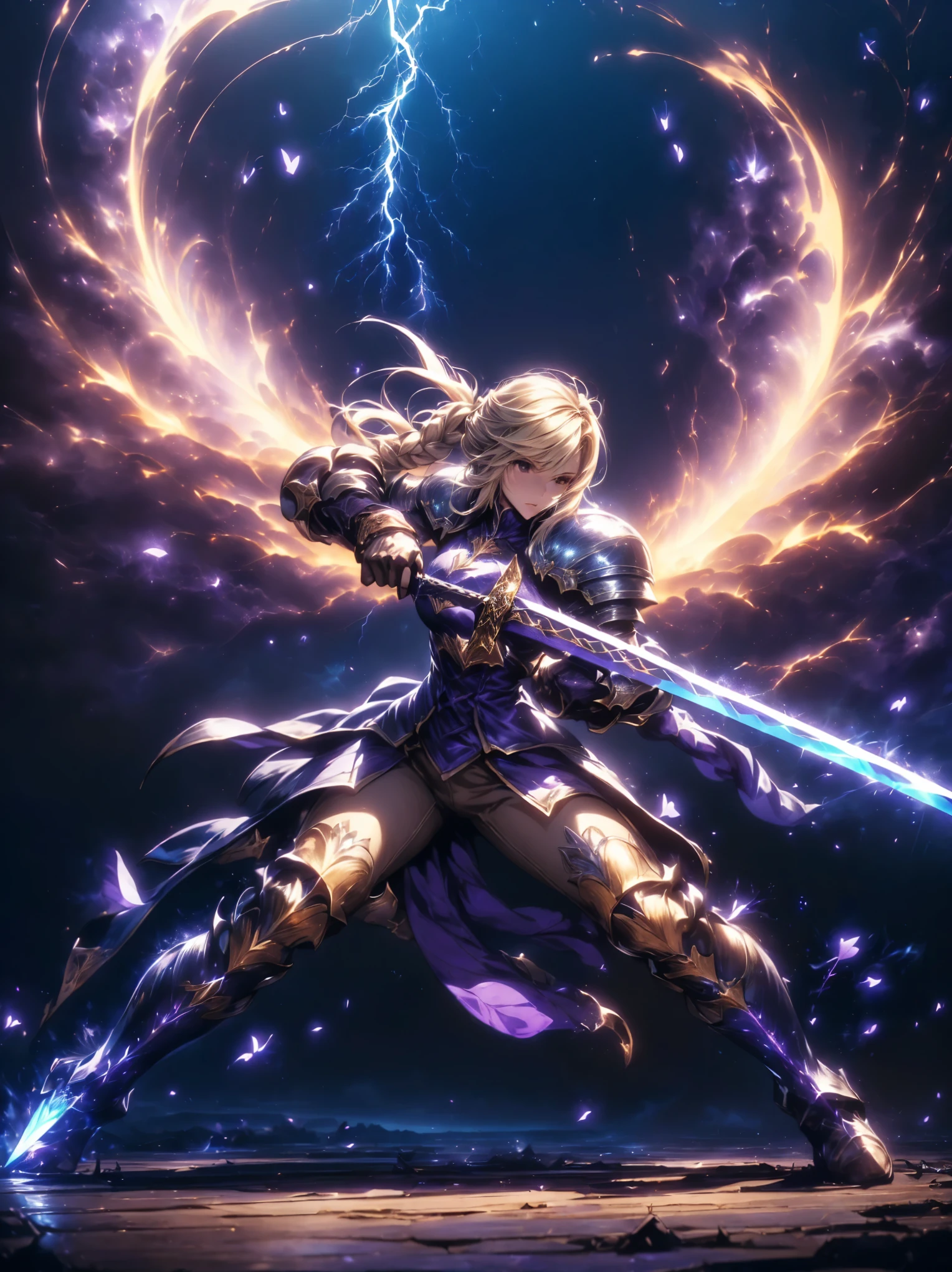 (Agrias Oaks\(Final Fantasy Tactics\),score_9, score_8_Excellent, score_7_Excellent, 32K ,Detailed Depiction 、 壊す A girl holding a 剣 in her hand, Luxurious Sword, Lightning-charged Sword,,blond hair, braided ponytail ,brown eyes,shoulder armor, armor, corsets,(brown pants:1.3), Knee pads, BLUE DRESS , brown gloves, pants, Cross Race Boots ,big breasts,dynamic pose viewed from the bottom of the back,fighting stance,Dynamic Angle,(\(Become, European Swords ,purple lightning sparks , glows blue\):1.4)\),(purple lightning sparksが彼女の全身から噴出する), Female Paladin Images , Anime Fantasy Art Destroys ,background\Long Hit,Dynamic Angle,a huge art structure made of very aesthetic chrome plated framework and glass, 青い月と星のbackground,Night Sky , (Alone:1.6 )(Best Quality)),(Ultra High Resolution),(Super Detail)