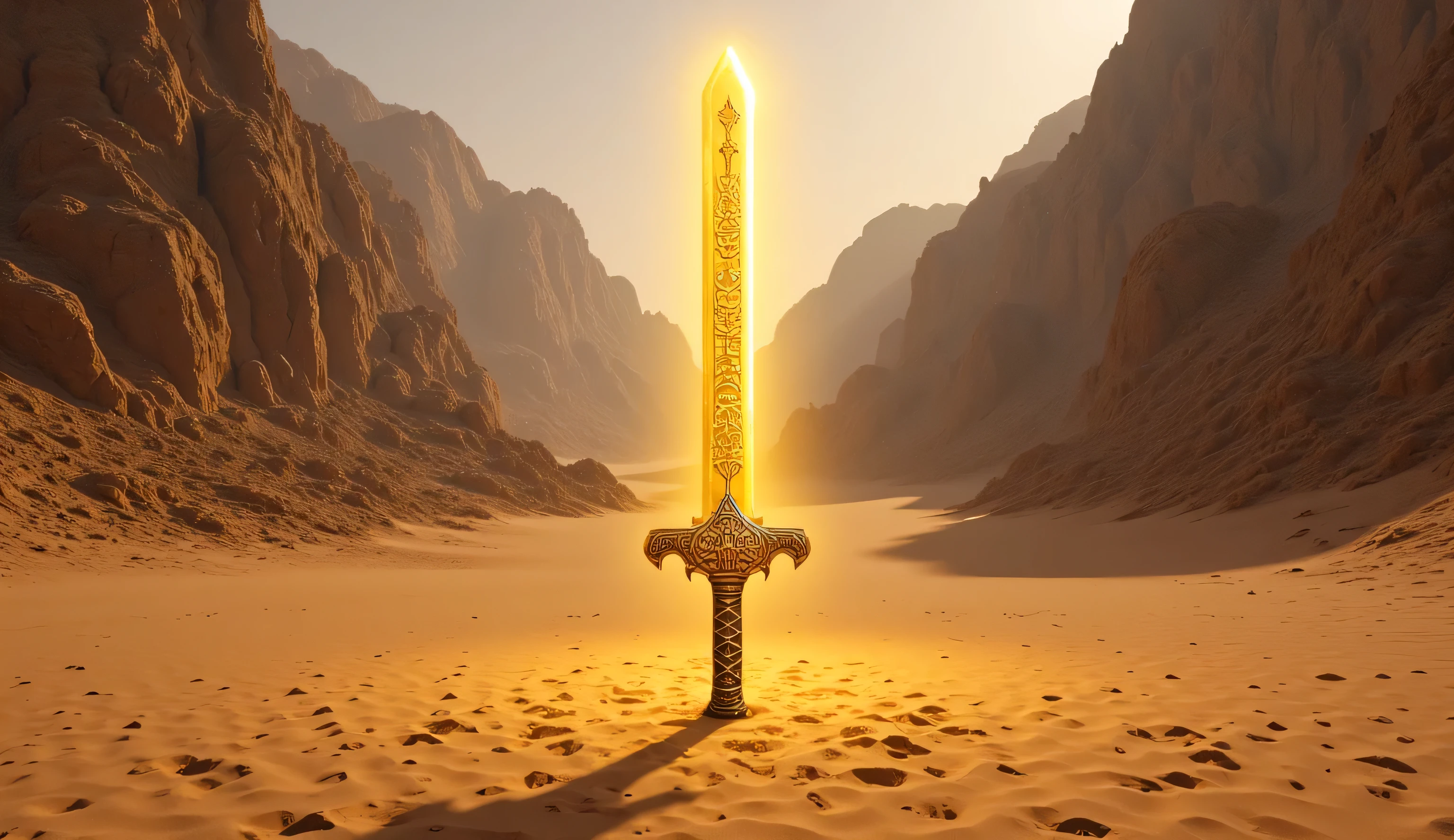 i want a sward with the words la ilaha illallah written on it, the background will be a desert and mountains, the sword will have alight golden glow behind it.