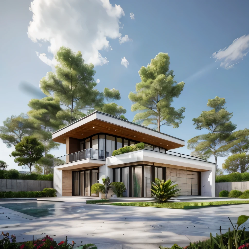KTHOUSE PLATFORM, 1 modern villa, the main materials of the villa for construction are natural stone wall: 1.2 glass panels: 1.1 and stone: 1.2, 1 large yard, 1 road running in front of the house, (RAW photo, real, best quality, masterpiece: 1.2), looks modern minimalist, green grass garden, 1 road in front of the house, dynamic light: 1.3, (super realistic, like real photo: 1.2), high quality, (bright daylight: 1.1), perfect light, archdaily, no people