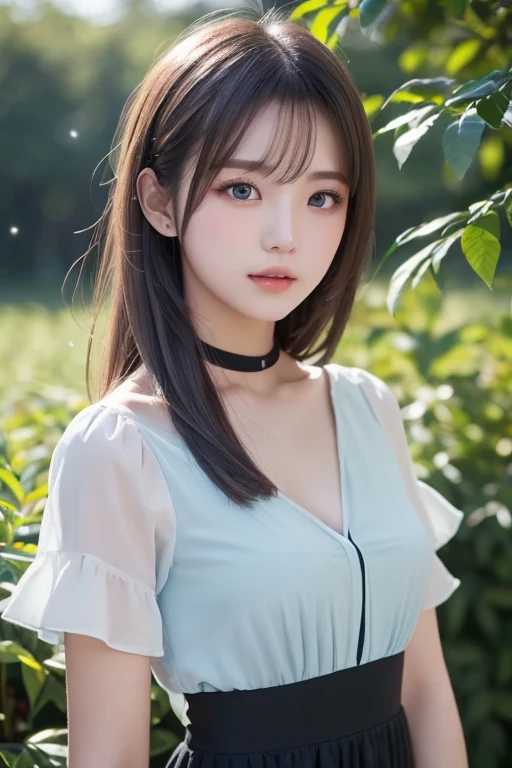 (highest quality, masterpiece:1.3, 超A high resolution), (Very detailed, Caustics), (Realistic:1.4,RAW shooting,)Ultra-Realistic Capture,Very detailed,High resolution 16k, Human skin close-up, The skin texture is natural, It must be detailed enough to be easily identifiable.。 Skin should look healthy and have an even tone。 Use natural light and color, ((T-Shirts:1.4)), ((the body is slim)), girl, Japanese, 18-year-old, cute, Long Hair, Big Breasts, smile, Turn your body forward, (View from the front:1.1), Looking into the camera, Cowboy Shot, focused on the chest, Light brown hair, ((Black choker)), very long, Lots of very long eyelashes, blue eyes, bangs, ((Herbs in a basket)), Mountain, forest, Wagon, camp, tent、Carrying basket