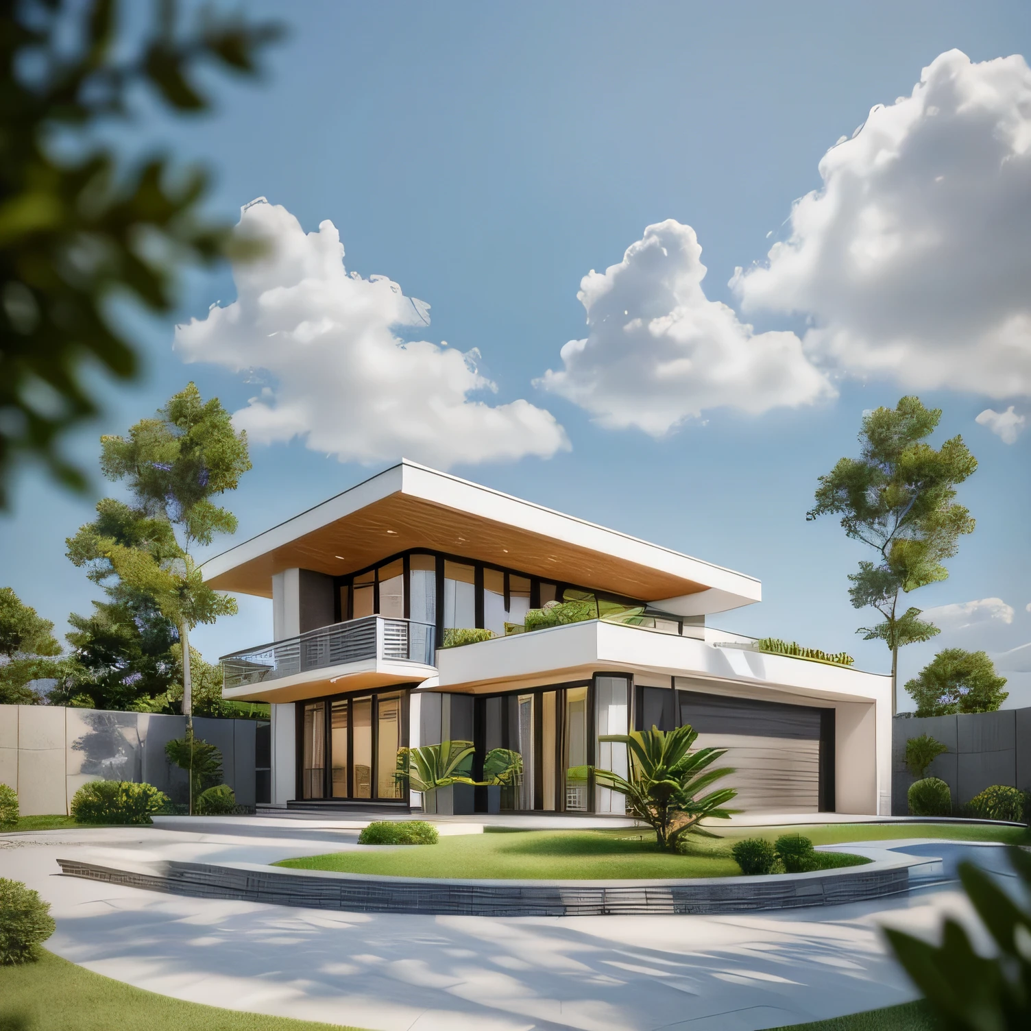 KTHOUSE PLATFORM, 1 modern villa, the main materials of the villa for construction are natural stone wall: 1.2 glass panels: 1.1 and stone: 1.2, 1 large yard, 1 road running in front of the house, (RAW photo, real, best quality, masterpiece: 1.2), looks modern minimalist, green grass garden, 1 road in front of the house, dynamic light: 1.3, (super realistic, like real photo: 1.2), high quality, (bright daylight: 1.1), perfect light, archdaily, no people