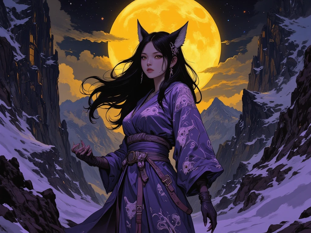A malevolent kitsune, a nine-tailed fox spirit, stands amidst a craggy mountain pass, bathed in the eerie glow of a full yellow moon. She is a young woman of East Asian descent, aged 20-25, exuding predatory grace. Her poised stance, with one leg slightly bent, weight shifted onto her back foot, suggests subtle, calculated movement, as if she is moments away from striking.
She wears a dark lilac kimono, woven from luxurious silk, flowing elegantly in the cold mountain air. The fabric is intricately embroidered with silver thread, depicting stylized fox heads and swirling vines, symbols of her arcane power and trickster nature. Her outfit is adorned with a single, ornate silver hairpin, an understated yet regal accessory.
Her expression is one of cold calculation, a smirk laced with malicious amusement. Her piercing amber eyes glint with sinister intelligence, holding a predator’s patience and cruelty. Long, raven-black hair cascades down her back, framing her delicate yet dangerous features, partially obscuring her elegantly curved form.
The environment is sharply rendered: towering jagged, snow-capped peaks loom under a stark, star-dotted night sky. The moon casts long, dramatic shadows, emphasizing the rough, imposing texture of the rocks and the smooth, flowing silk of her kimono, creating a stunning tactile contrast. The atmosphere is chilling yet captivating, as if she controls the very air around her.
The color palette is dominated by deep purples, shadowy blacks, and the vibrant yellow of the moon, forming a hauntingly beautiful contrast. The wide-angle perspective and slightly low camera angle emphasize her commanding presence, making her appear powerful, otherworldly, and in control of her surroundings.
Her tails, though only subtly visible, weave into the darkness, adding to the mystique of her supernatural essence.