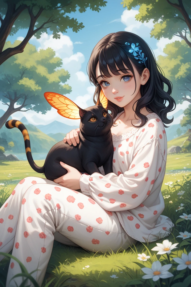 Best quality, masterpiece, extremely detailed, award winning, ultra realistic, ultra beautiful ancient elf fairy holding a cute cat in a flower garden, night, fireflies, moon, stars, mysterious, ethereal, wearing a sleeveless lavender dress, long pony tail, ultra detailed face, sharp jawline, perfect beautiful face, symmetrical face, beautiful eyes, professional makeup, model, sharp focus, beautiful, elegant, nice body, nice proportions, cinematic lighting, photorealistic detail, chiaroscuro, spotless face, flawless face, attractive,